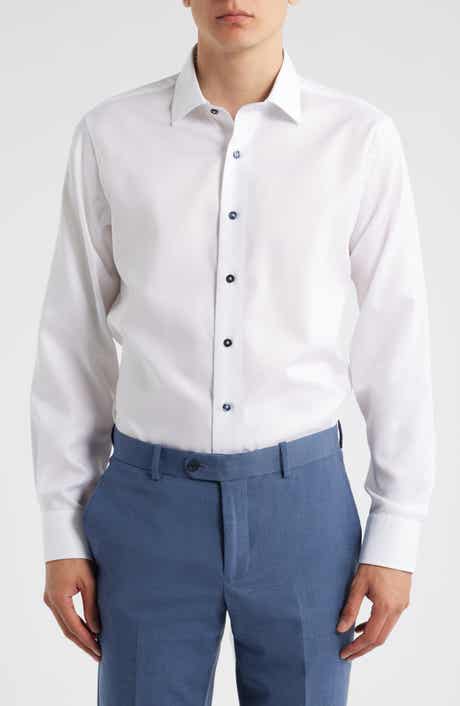 Trim Fit Diamond Textured White Cotton Dress Shirt