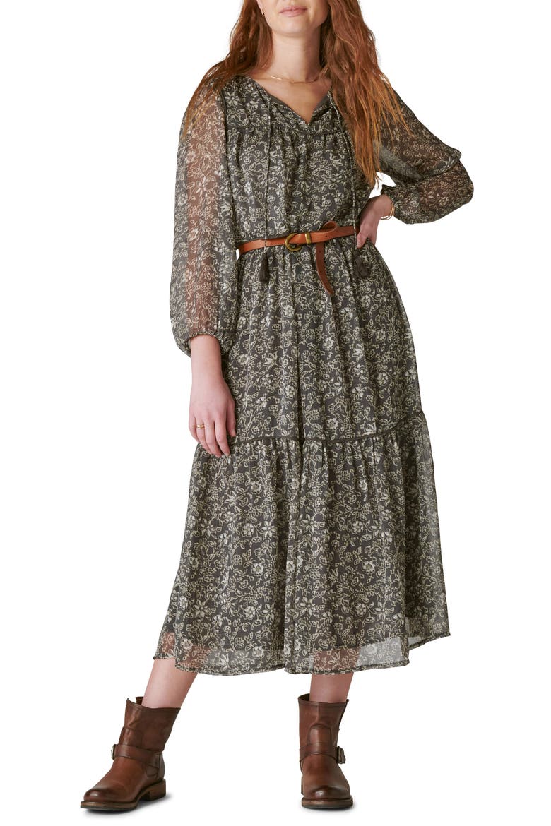 Floral Print Long Sleeve Tiered Maxi Dress, Main, color, RAVEN MULTI