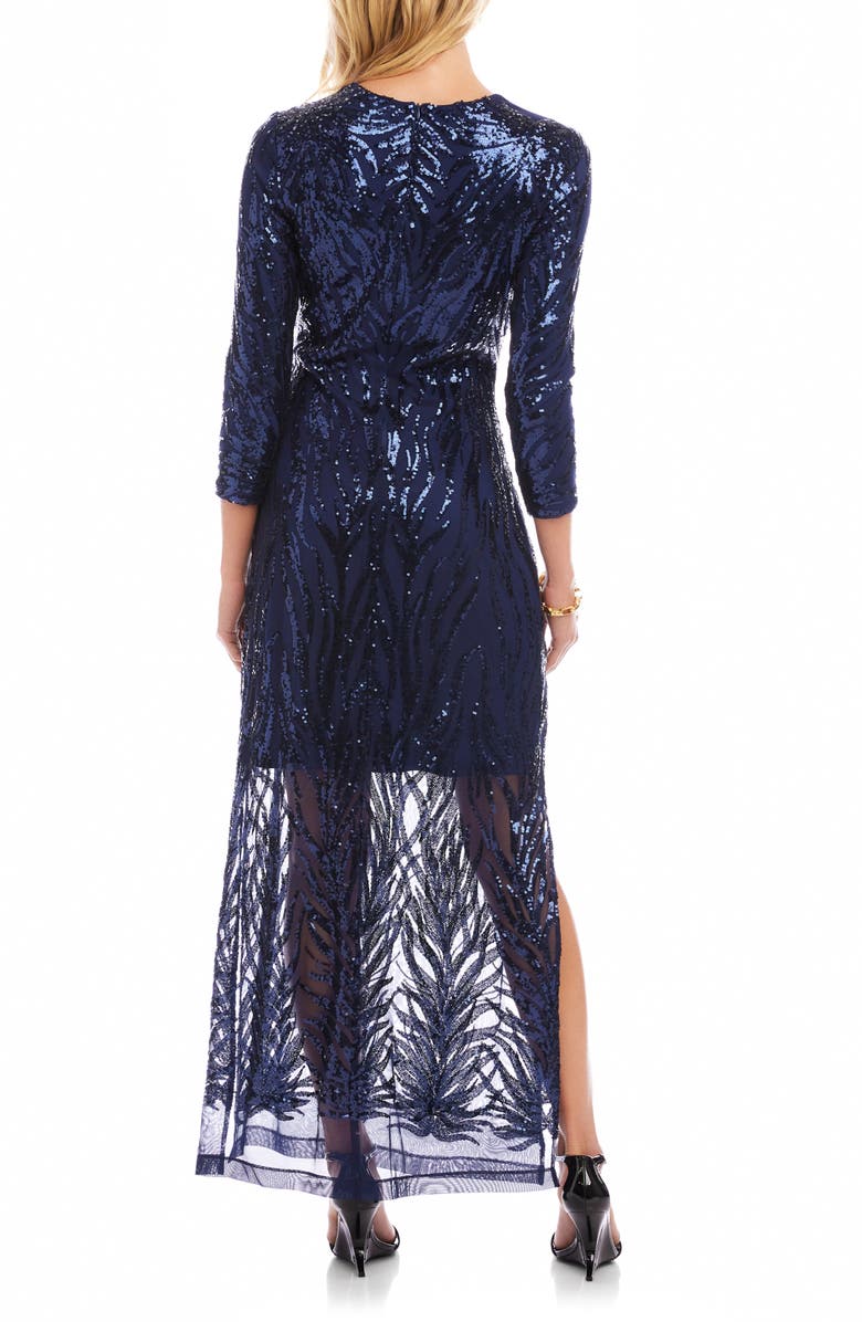Karen Kane Sequin Long Sleeve Evening Gown, Alternate, color, Navy
