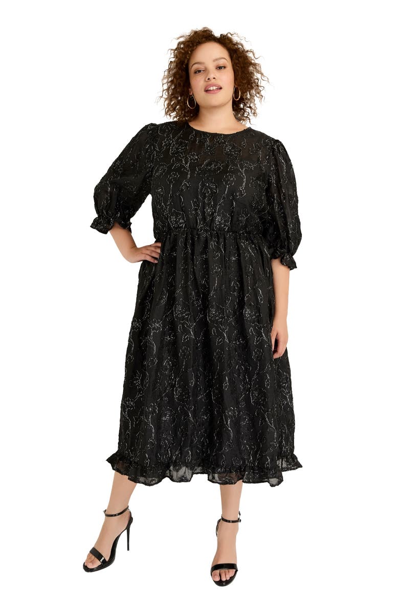 June + Vie Metallic Jacquard Dress, Main, color, Black Onyx