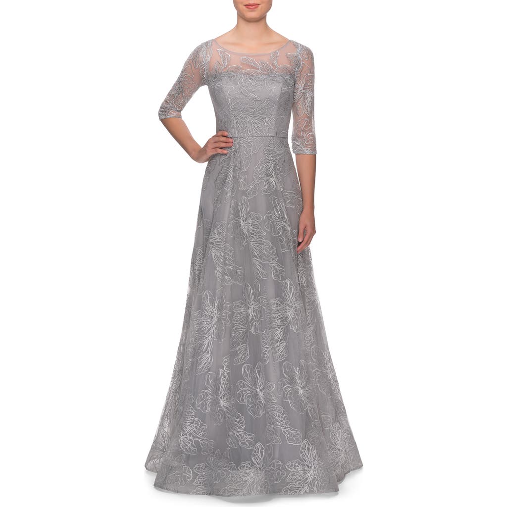 La Femme A-line Lace Sequin Gown With Sheer Scoop Neckline In Silver
