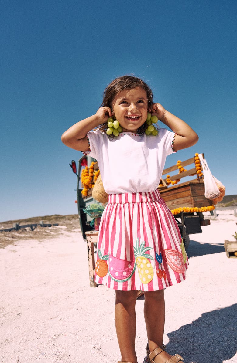 Mini Boden Kids' Stripe Fruit Appliqué Cotton Graphic Skirt, Alternate, color, Fruit Pink Stripe