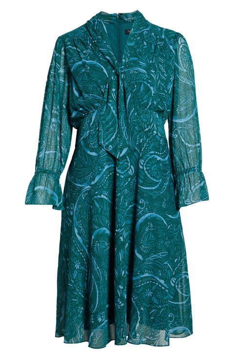 Paisley Tie Neck Long Sleeve Midi Dress