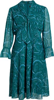 Tahari ASL Paisley Tie Neck Long Sleeve Midi Dress