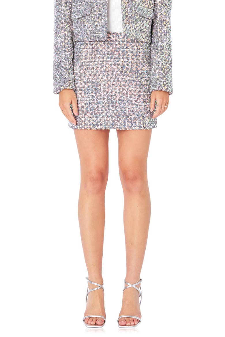 Sequin Tweed Miniskirt, Main, color, GREY MULTI