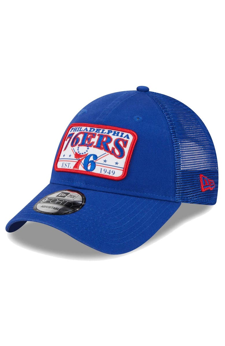New Era Men's New Era Royal Philadelphia 76ers Plate Oversized Patch Trucker 9FORTY Adjustable Hat, Main, color, Royal