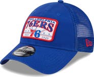 New Era Men's New Era  Royal Philadelphia 76ers Plate Oversized Patch Trucker 9FORTY Adjustable Hat