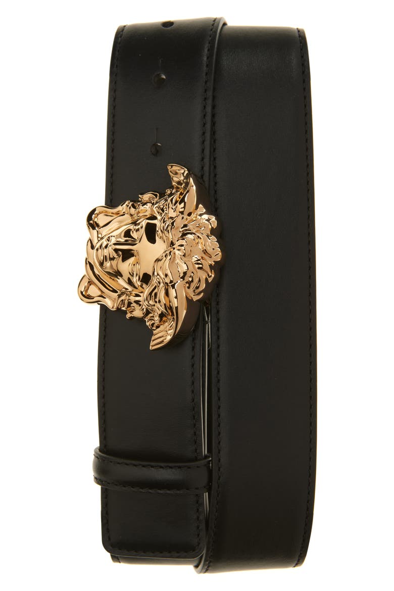 Medusa Head Leather Belt, Main, color, BLACK-VERSACE GOLD