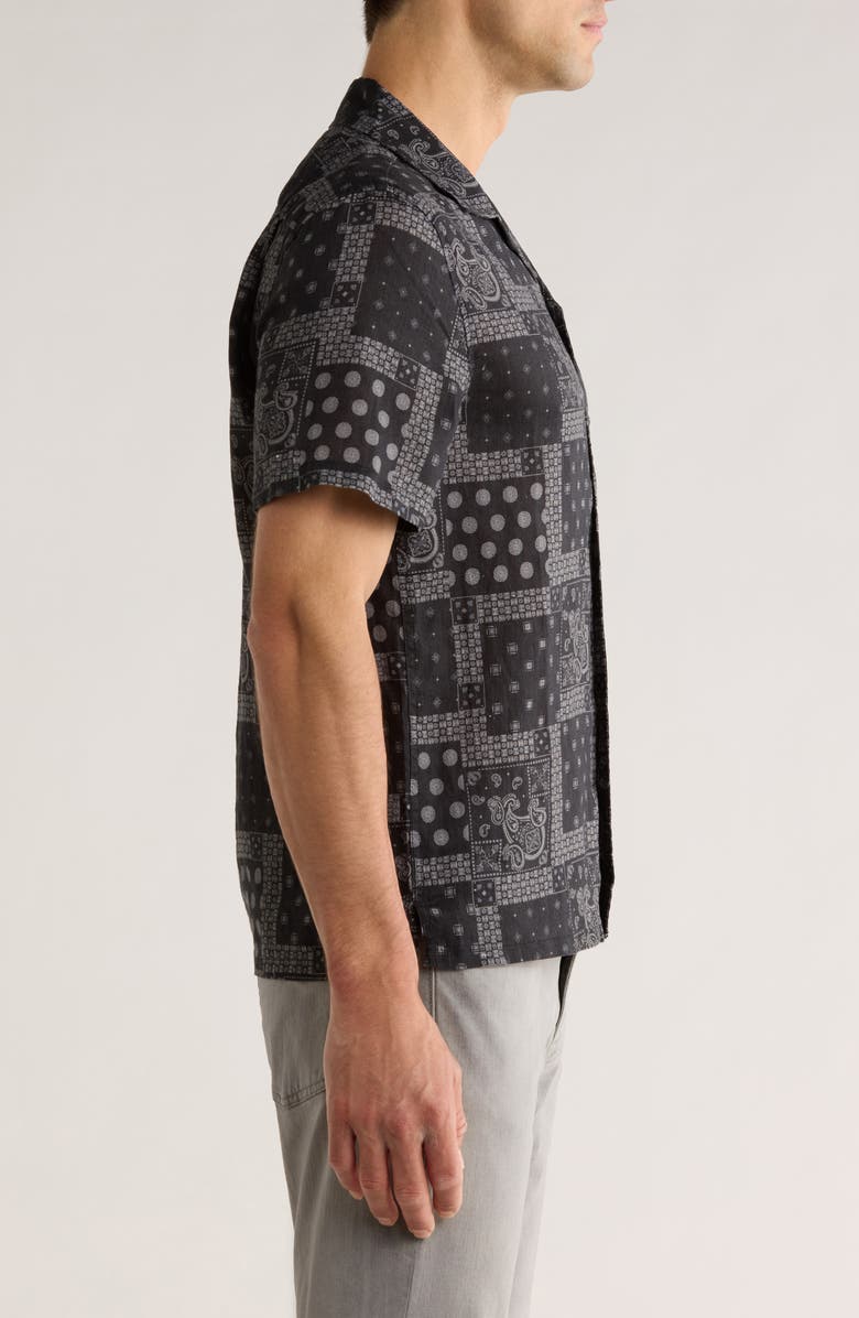 John Varvatos Dan Bandana Print Linen Camp Shirt, Alternate, color, Black