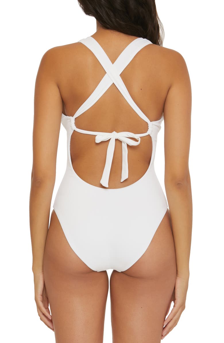 Becca Modern Edge Plunge Lace-Up Ribbed One-Piece Swimsuit, Alternate, color,