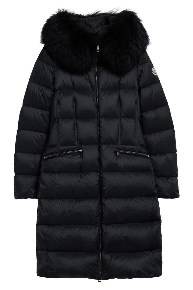 Boedic Water Repellent Long Down Puffer Coat with Genuine Shearling Trim, Main, color, BLACK