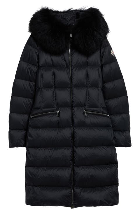 Boedic Water Repellent Long Down Puffer Coat with Genuine Shearling Trim