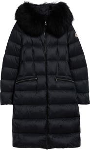 Moncler Boedic Water Repellent Long Down Puffer Coat with Genuine Shearling Trim