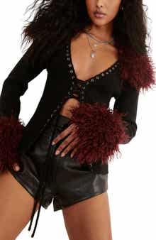 NASTY GAL Faux Fur Trim Lace-Up Cardigan