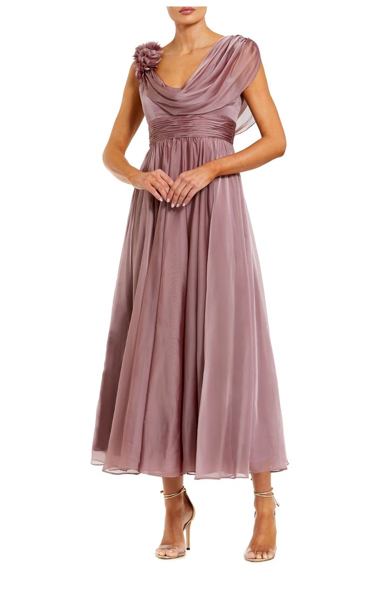 Mac Duggal Chiffon Cowl Neck 3D Flower Midi Dress, Main, color, Antique Rose