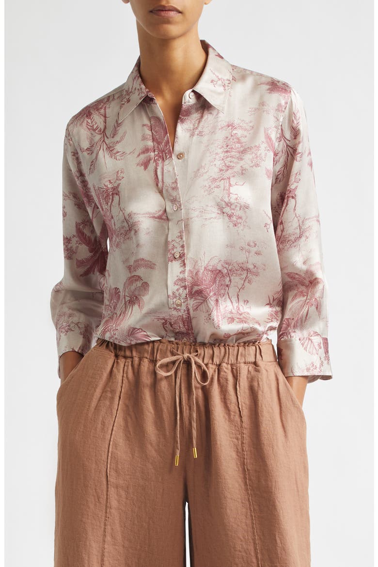 Dani Three-Quarter Sleeve Silk Button-Up Shirt, Main, color, MULTI TEXTURED JUNGLE TOILE