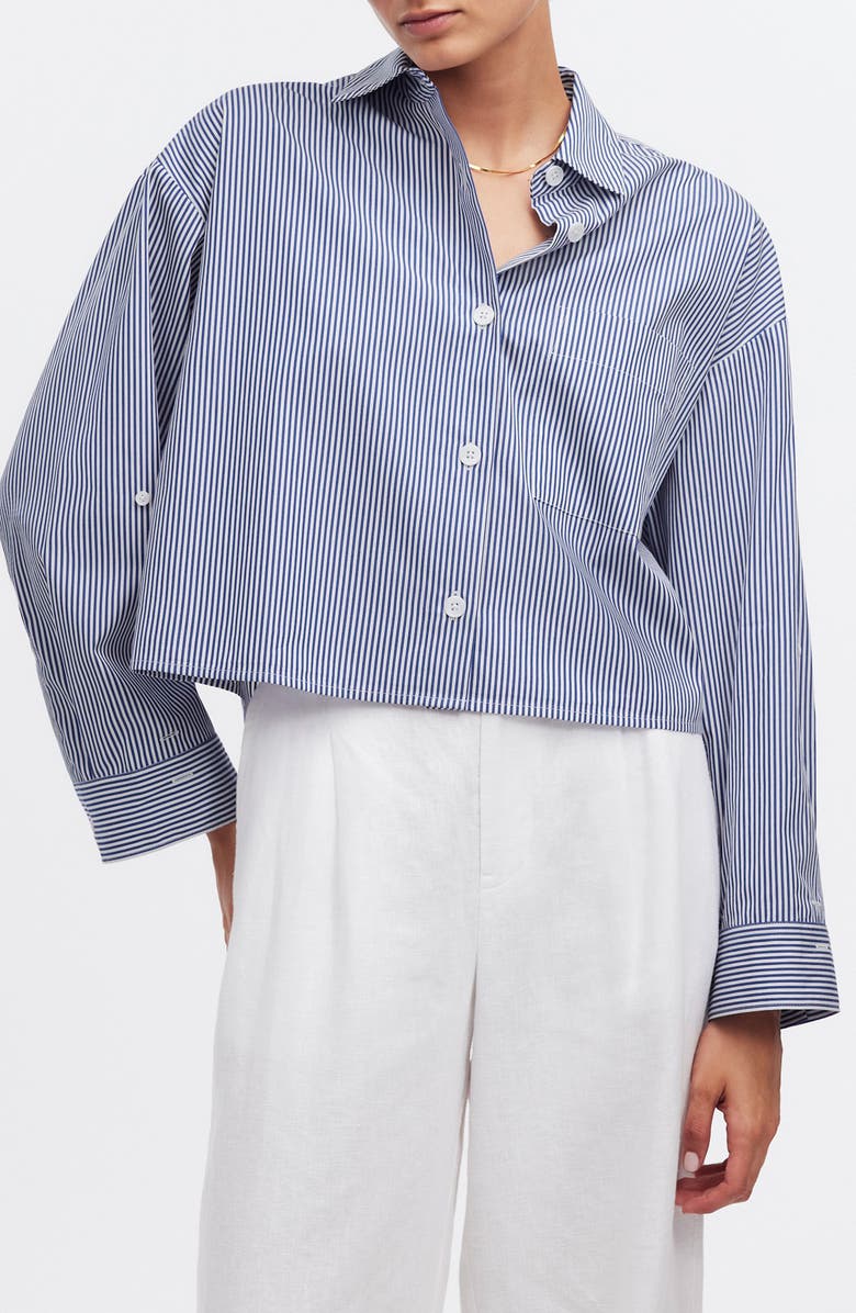 Madewell Striped Poplin Straight Hem Shirt, Main, color, Blue And White Even Stripe