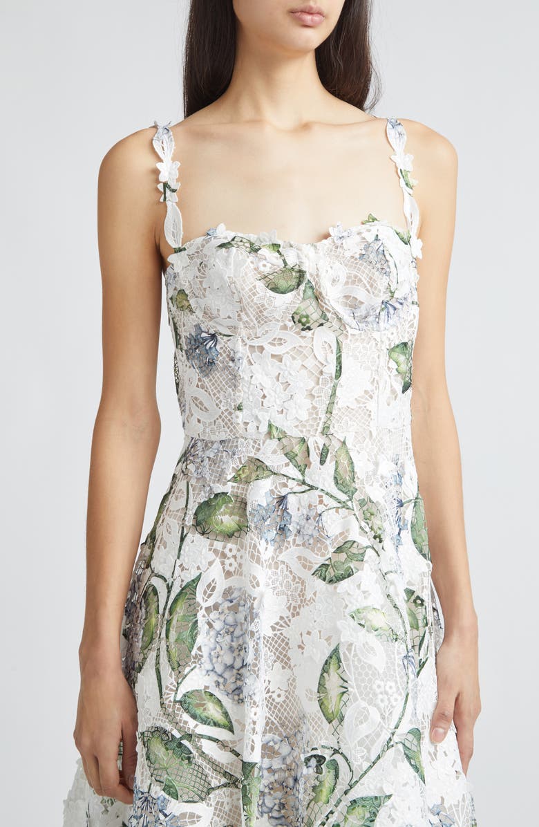 Oscar de la Renta Porcelain Flowers Guipure Lace Gown, Alternate, color, Denim/ White