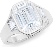 HauteCarat Emerald with Trapezoid Lab Created Diamond Ring