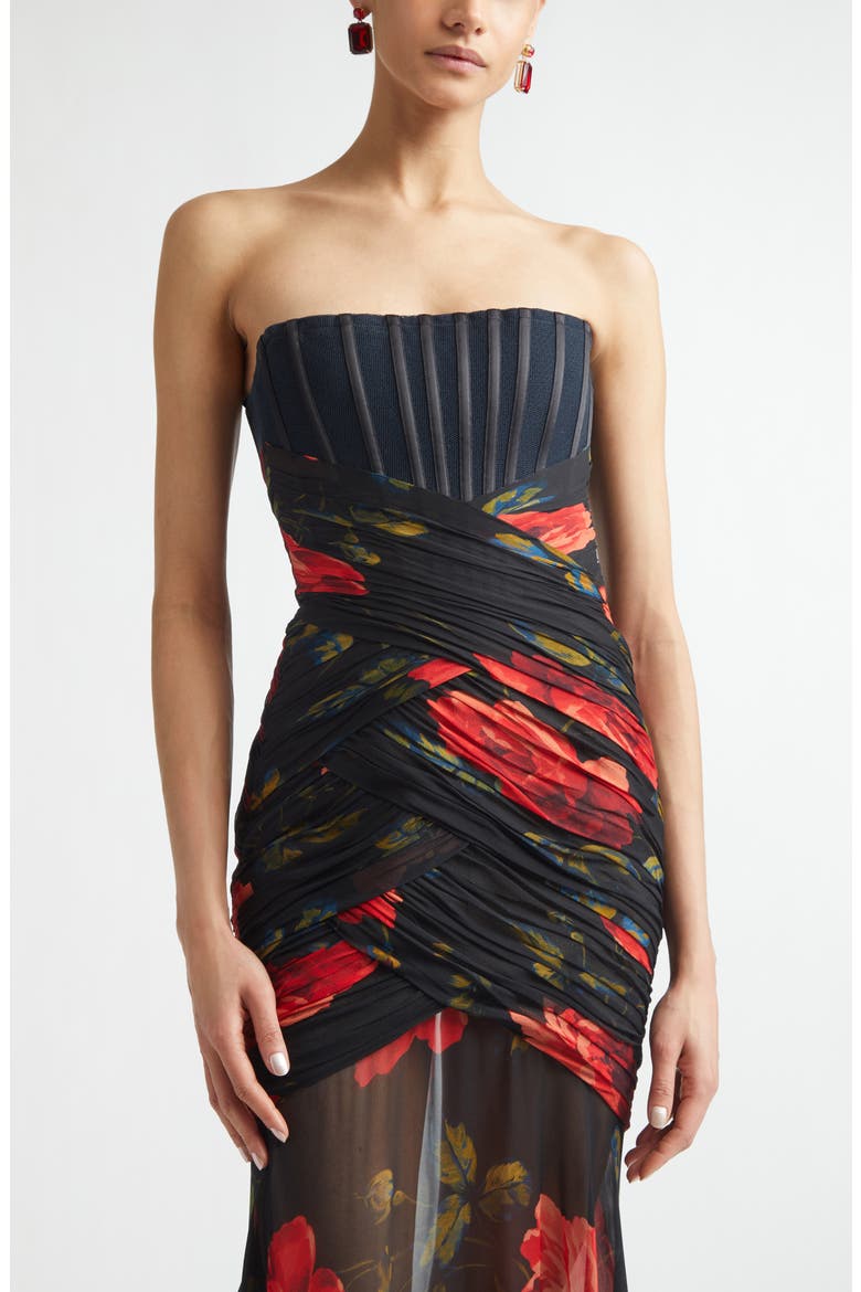 Rose Print Silk Chiffon Bustier Gown, Alternate, color, BLACK MULTI