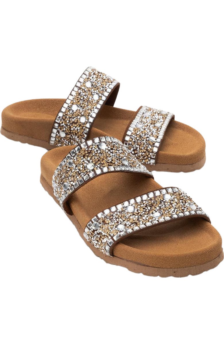 Forever & Always Shoes Jamie Leather Double Strap Slide Sandal with Stones, Alternate, color, Cognac Leather