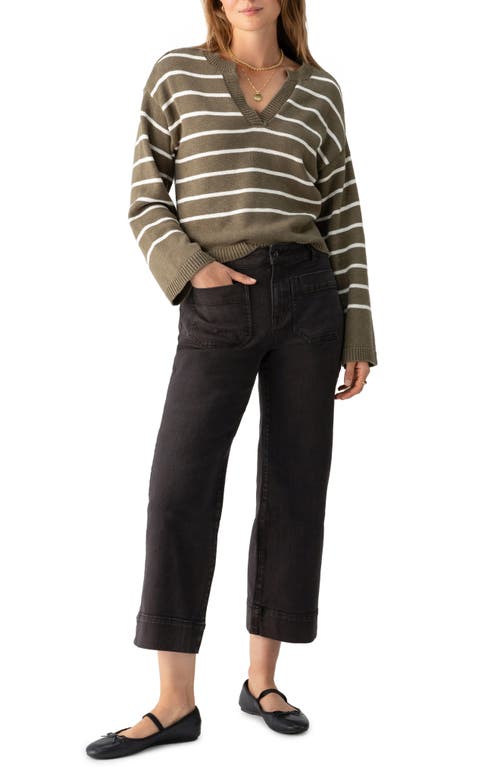Sanctuary Chill Vibes Stripe Cotton V-neck Sweater In Burnt Olive Stripe