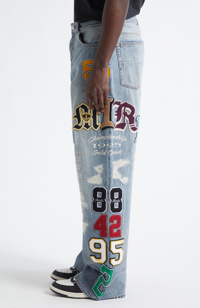 AMIRI Varsity Patch Distressed Jeans, Alternate, color, Antique Indigo