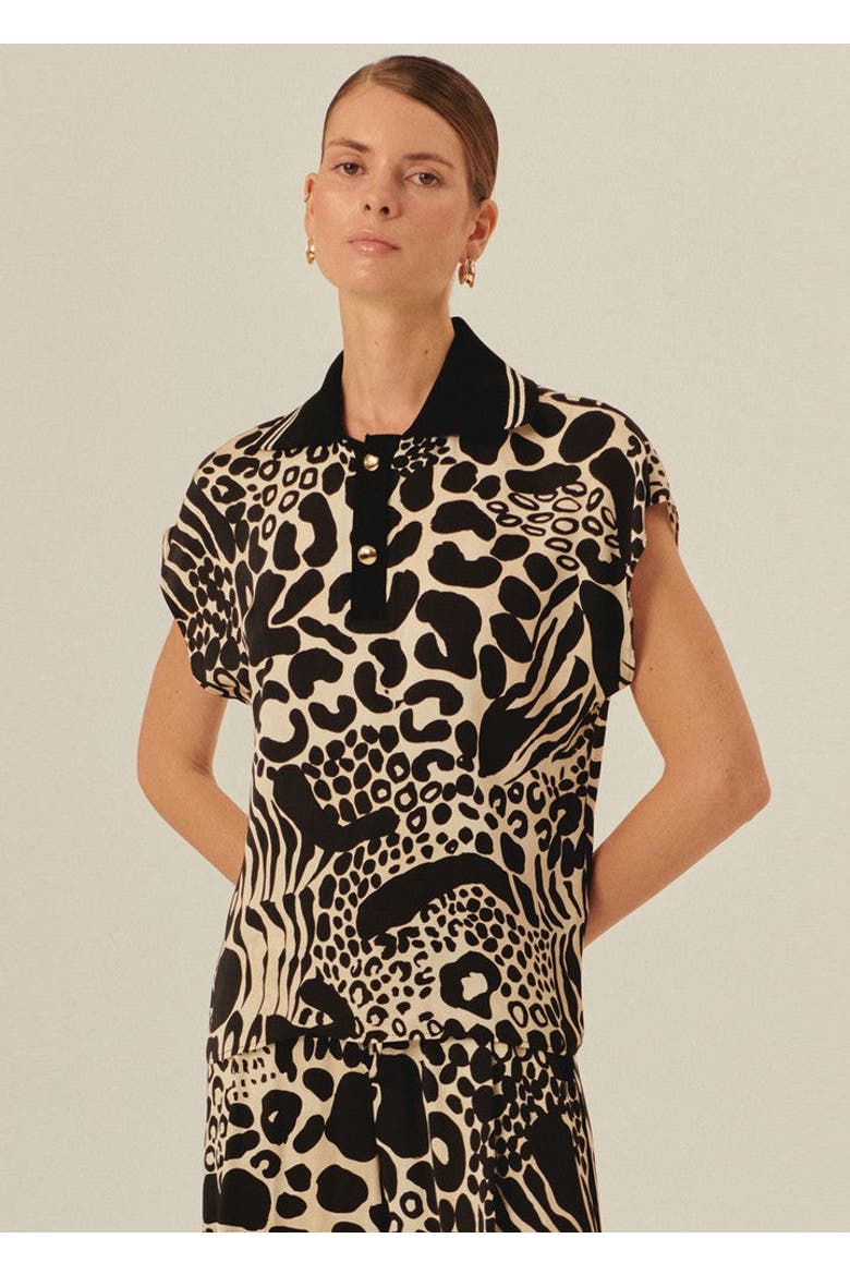 Brinley Abstract Print Sleeveless Shirt Collar Blouse, Main, color, Black