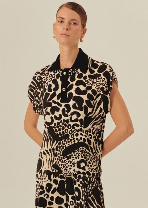 Brinley Abstract Print Sleeveless Shirt Collar Blouse