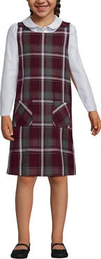 Lands' End Girls Plaid Button Shoulder Patch Pocket Jumper