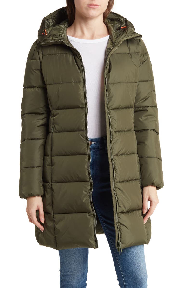 Save The Duck Taylor Shiny Hooded Water Resistant Long Puffer Jacket, Main, color, 