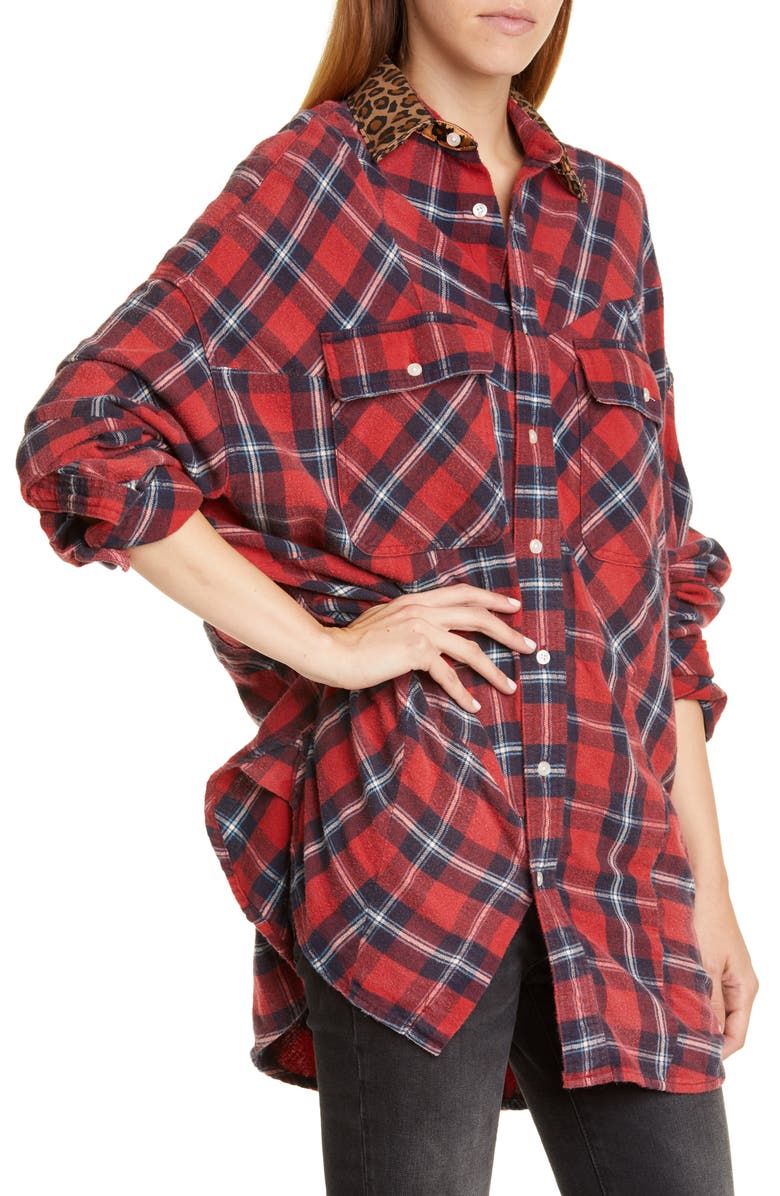 R13 Patchwork Plaid Shirt with Leopard Print Collar, Alternate, color,