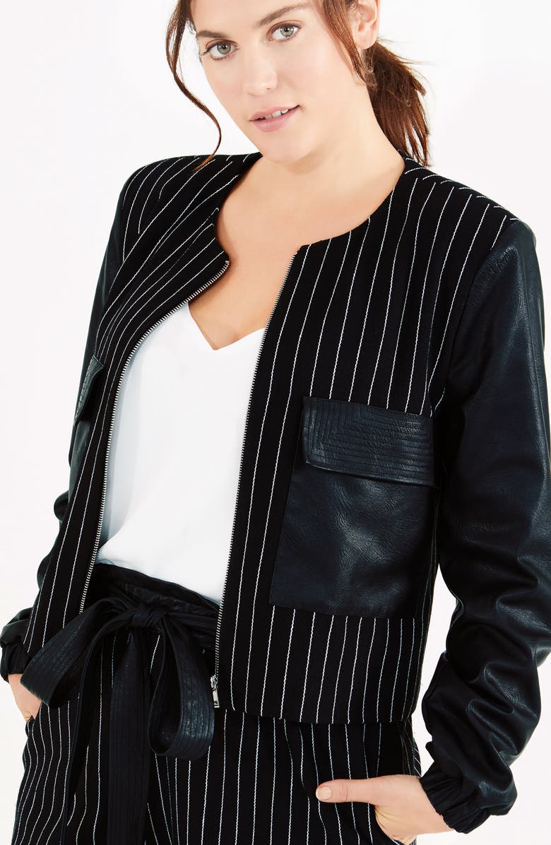 ELVI Pinstripe & Faux Leather Jacket, Alternate, color, 