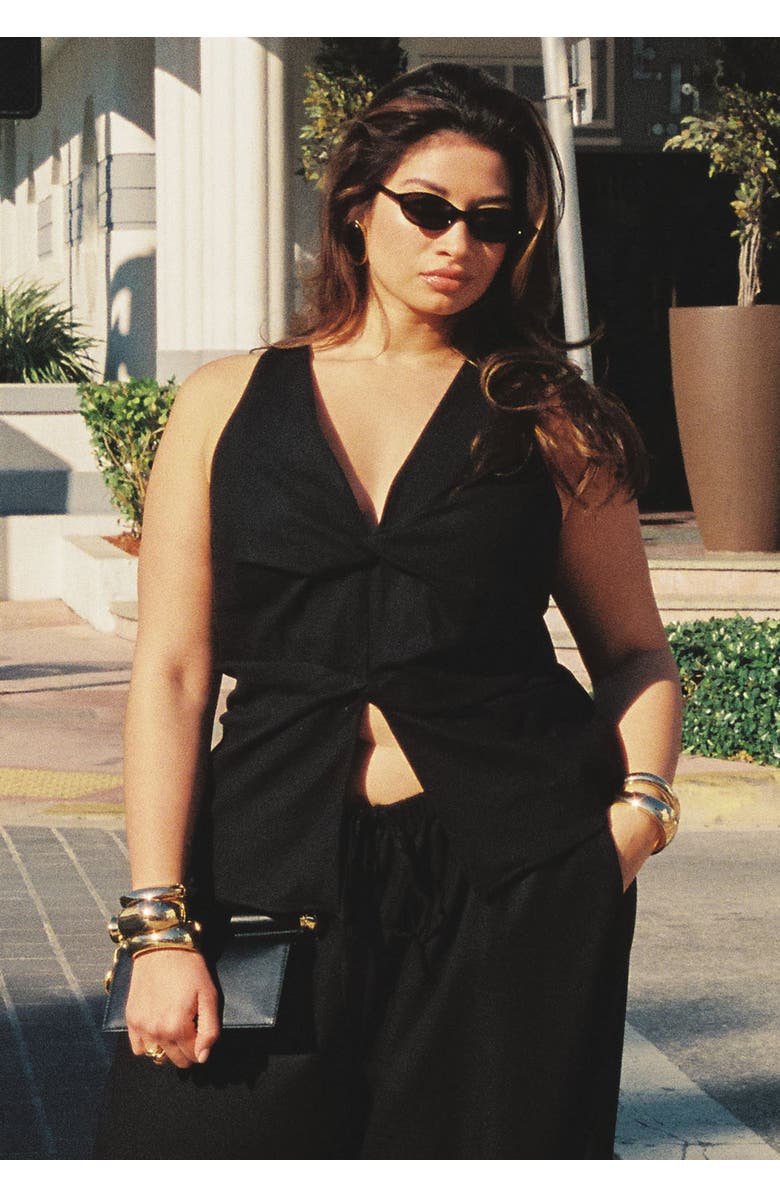 ELOQUII Twisted Linen Halter Top, Main, color, Black Onyx