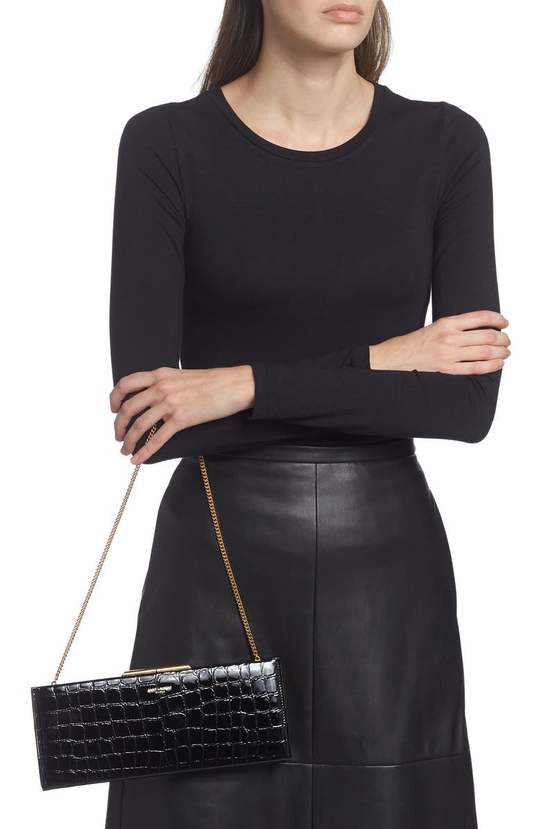 Saint Laurent Midnight Croc Embossed Leather Clutch, Alternate, color,