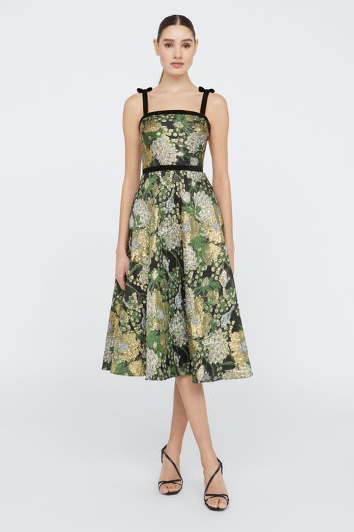 Theia Joni Velvet Bow Strap Midi Dress In Black Gold In Green