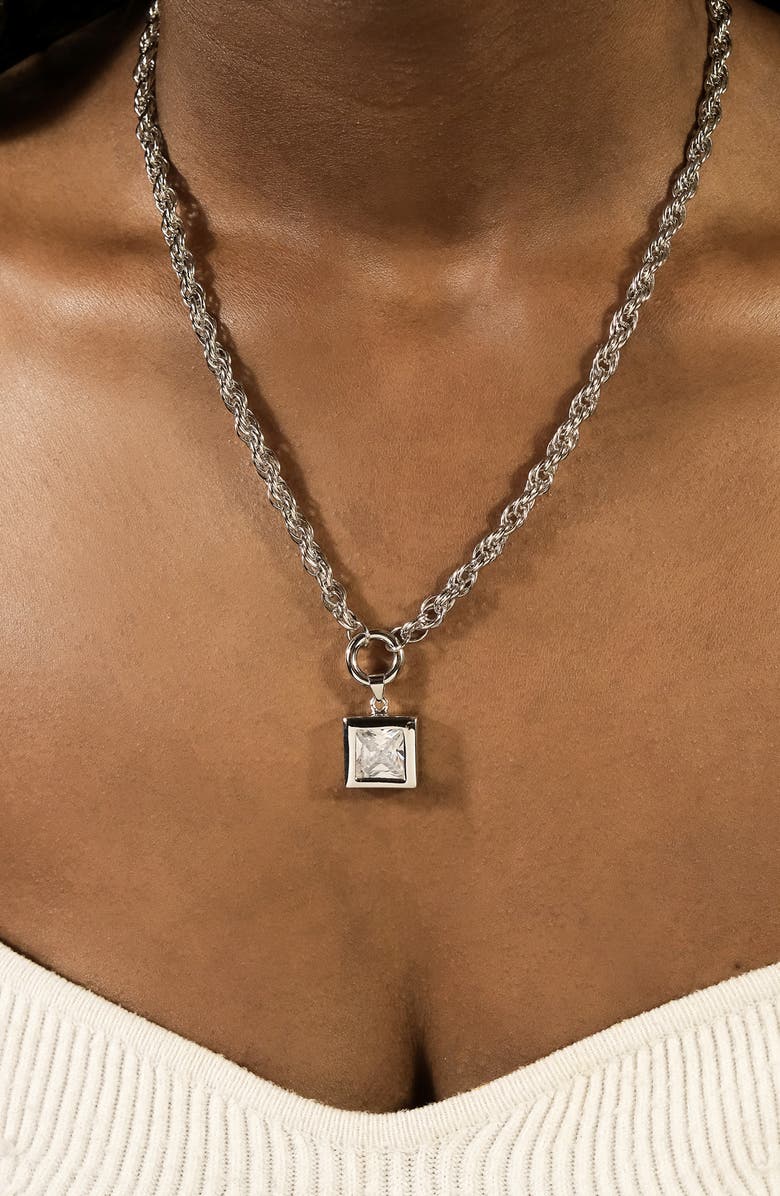 Sterling Forever Bess Square Cubic Zirconia Pendant Necklace, Alternate, color, Silver