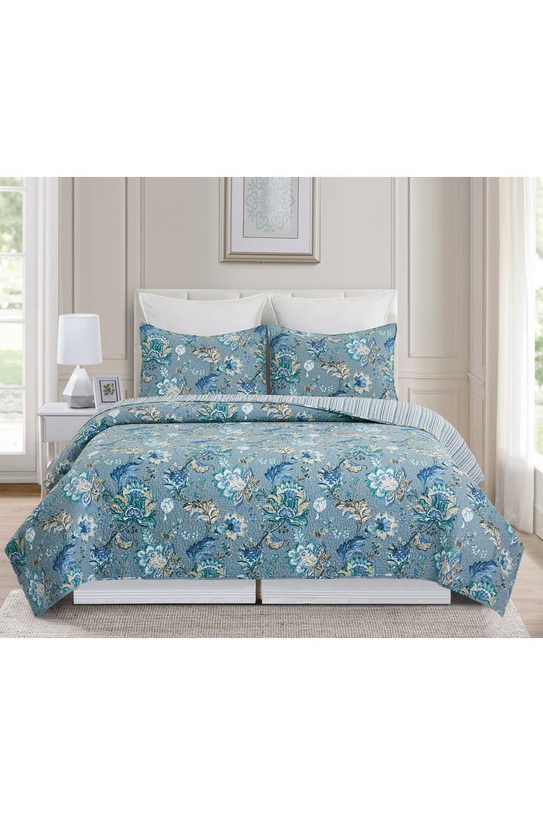 Morrison Cotton Floral Jacobean Quilt Set  - Reversible and Machine Washable, Alternate, color, Blue