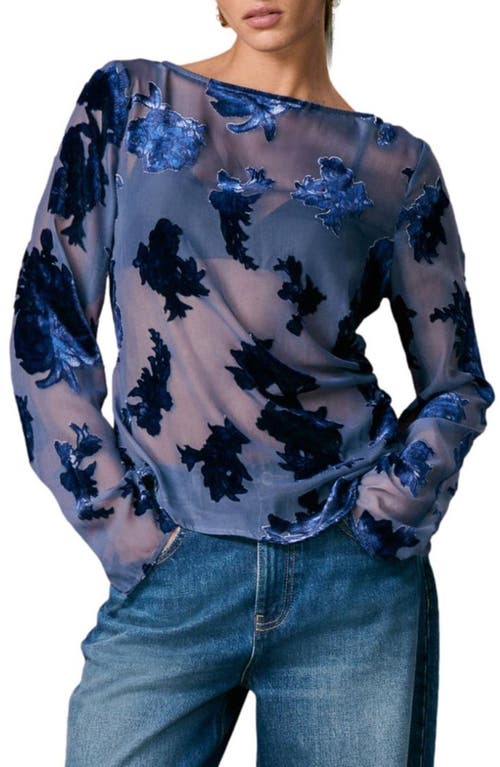 Next Burnout Flocked Sheer Mesh Top In Blue