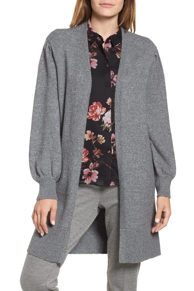 Drama Bubble Sleeve Cotton Blend Cardigan, Main, color, MEDIUM HEATHER GREY