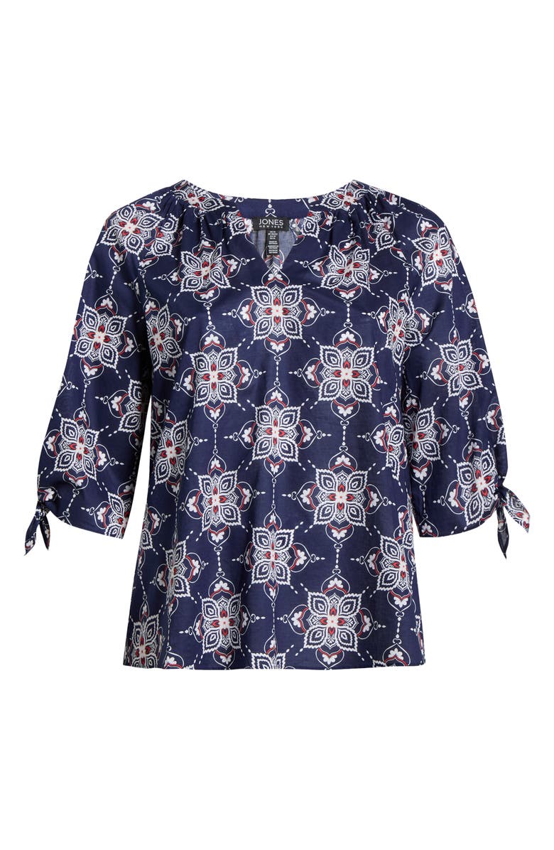 Jones New York Printed Tie Cuff Raglan Sleeve Cotton Top, Alternate, color, Pacific Navy Multi