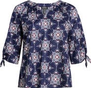 Jones New York Printed Tie Cuff Raglan Sleeve Cotton Top
