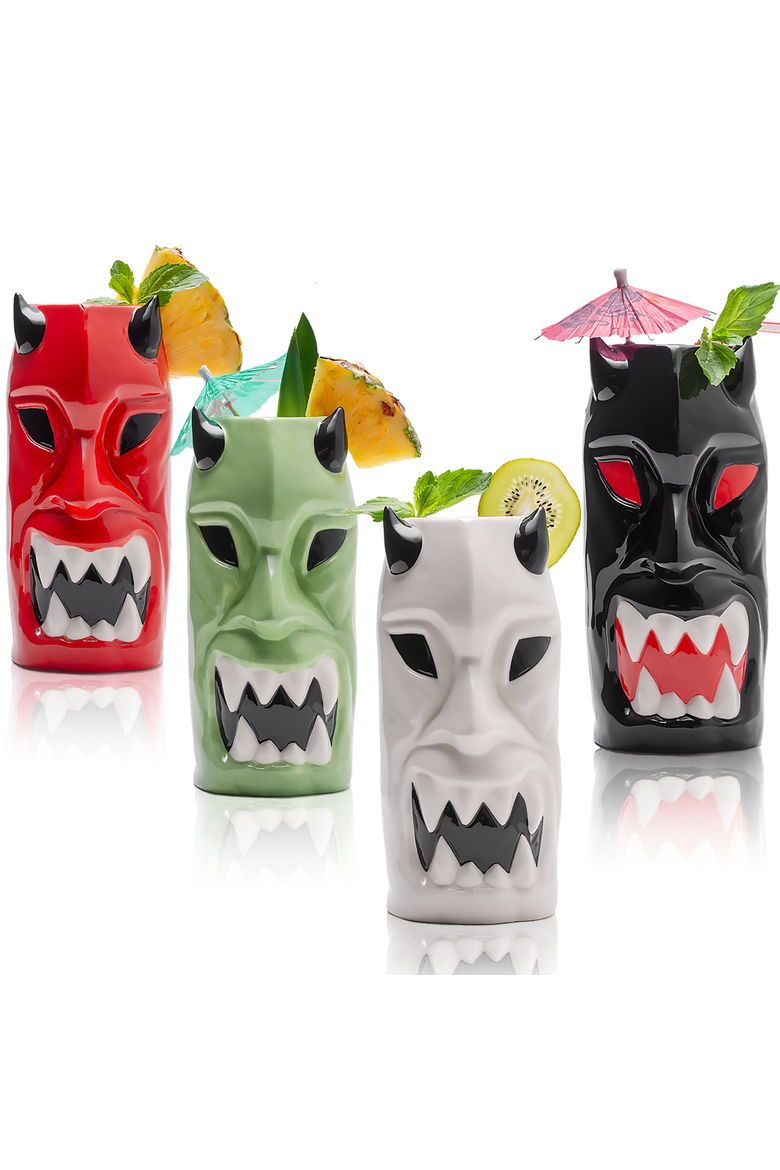 Ceramic Horned Hawaiian Tiki Mugs - Set of 4, Main, color, Multicolor