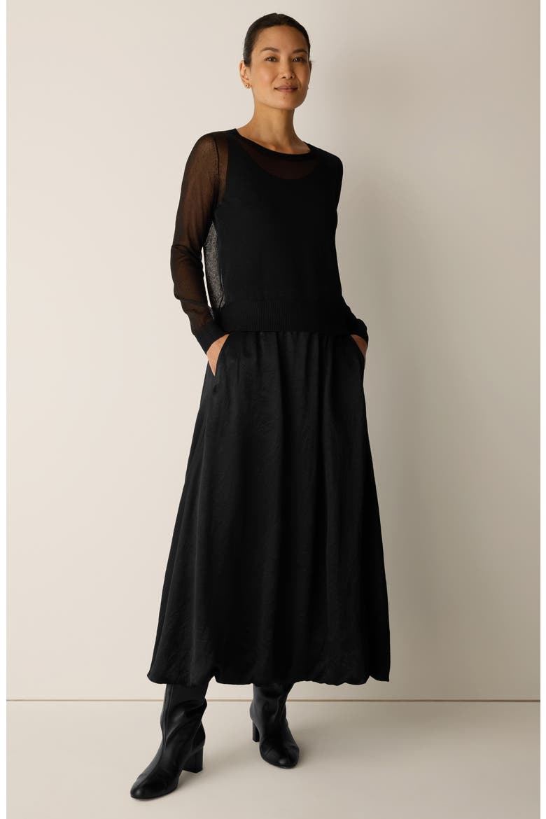 Crinkled Satin Bubble Hem Skirt, Alternate, color, BLACK