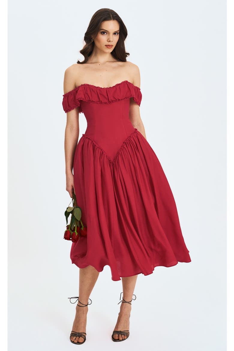 off the shoulder drop waist dress Matte Satin Off-the-Shoulder elegant look Moon River Off The Shoulder