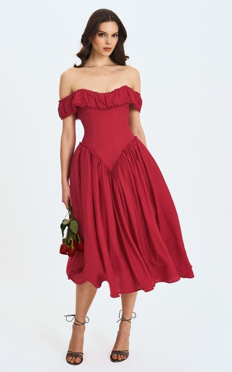 Xavy Drop Waist Off-Shoulder Corset Midi Dress
