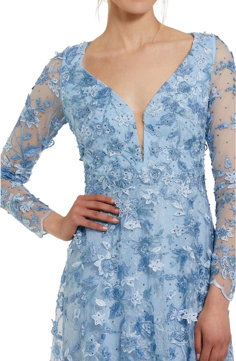 Mac Duggal Floral Applique Long Sleeve Illusion Gown, Alternate, color, Powder Blue