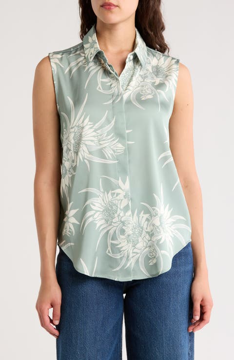 Darla Floral Sleeveless Satin Button-Up Shirt
