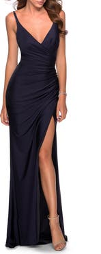 La Femme Ruched Jersey Prom Dress with Tie Up Back