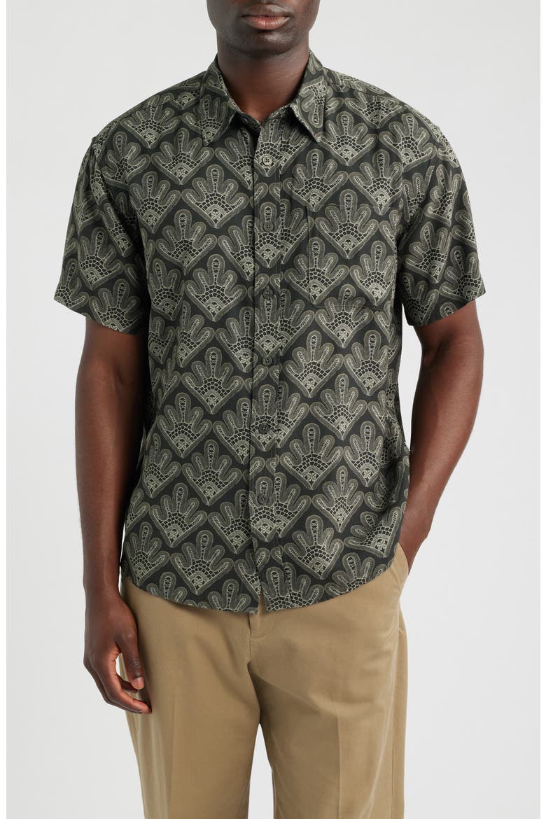 Deon 50055 Abstract Print Short Sleeve Button-Up Shirt, Main, color, DARK ARMY